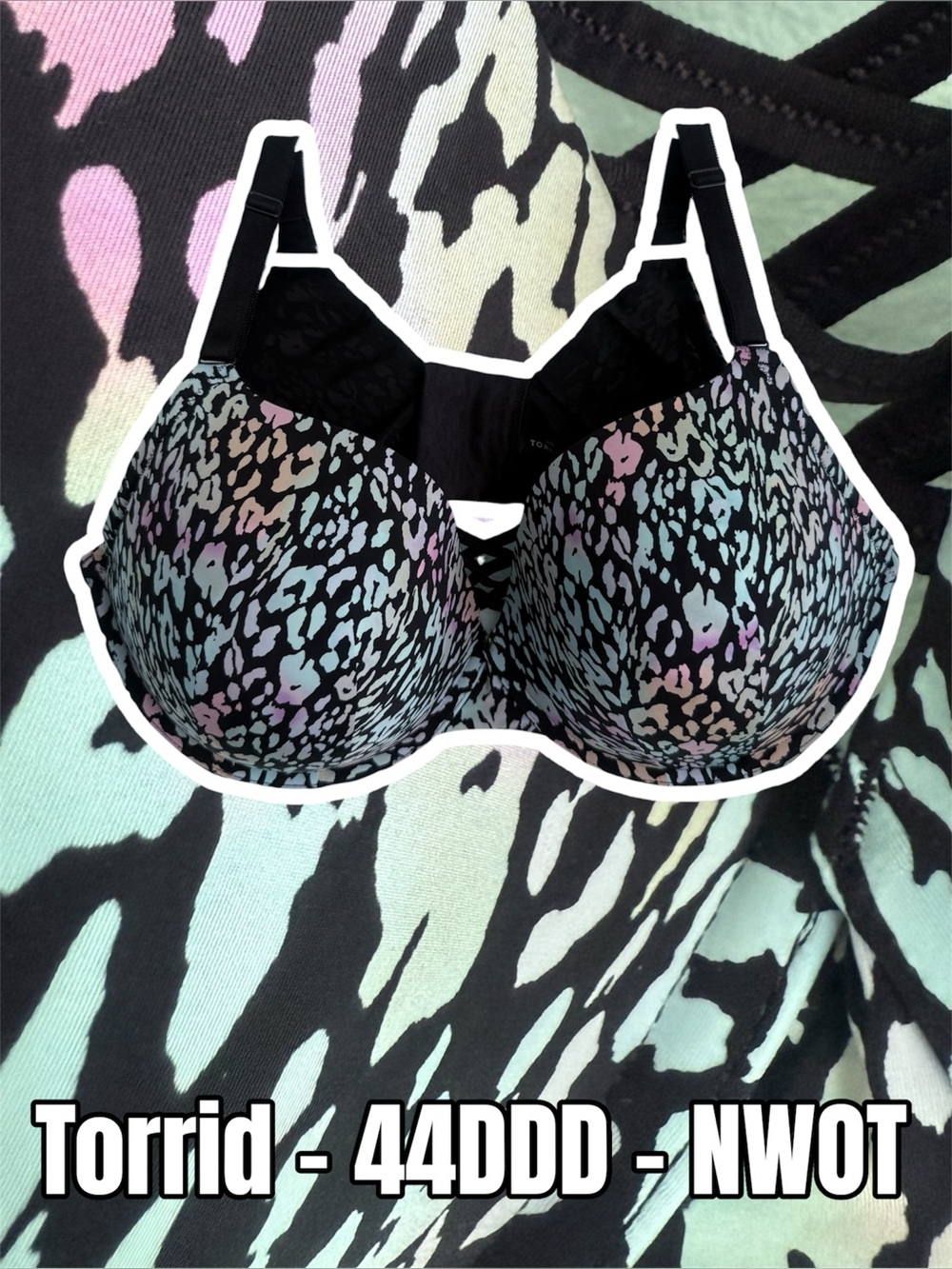 Torrid Black Bra with Pastel Multi Leopard Print